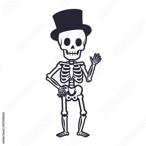 Cartoon Skeleton Waving with Top Hat Illustration
