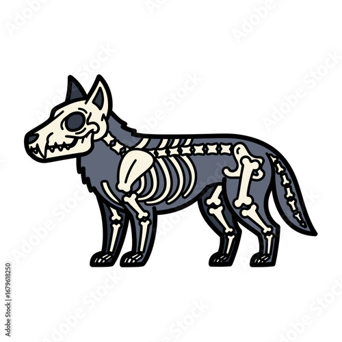 Stylized anatomical illustration of a canine skeleton inside a dark wolf body