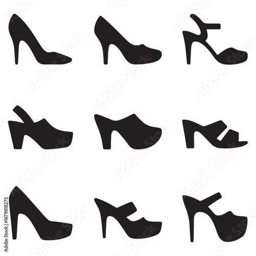 Set icon women shoes silhouette. High heels. Clogs. Sandals. Abstract design logo. Logotype. Vector black silhouette. with white background