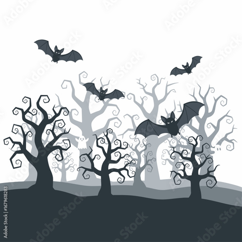 Spooky Halloween forest scene with bats flying among gnarled trees for a haunted holiday