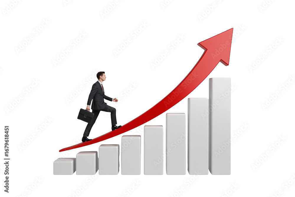 Businessman climbs upward trending growth chart with briefcase