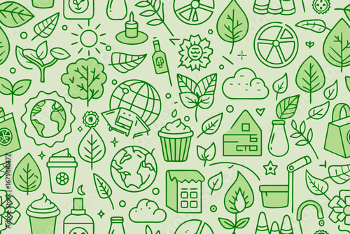 Sustainable lifestyle icons showcasing eco-friendly living, renewable energy, organic food, and green technology for a healthier planet and conscious choices
