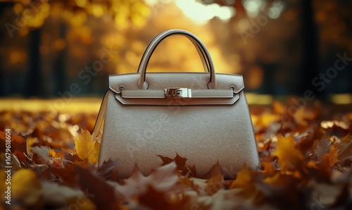 Elegant Handbag Surrounded by Vibrant Autumn Leaves in a Serene Outdoor Setting.