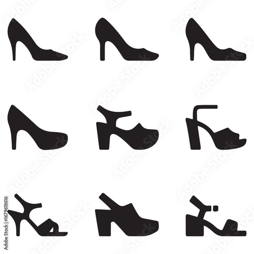 Set icon women shoes silhouette. High heels. Clogs. Sandals. Abstract design logo. Logotype. Vector black silhouette. with white background