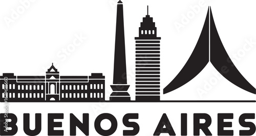 Buenos Aires Cityscape Silhouette Vector Illustration with Landmark Buildings and Text