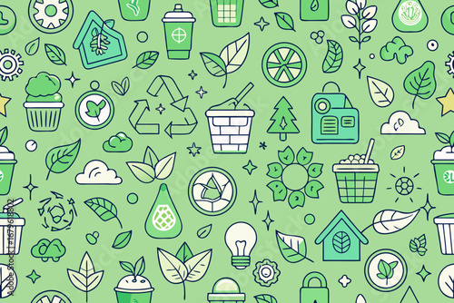 Vibrant green eco-friendly icons pattern featuring leaves, recycling, nature, and sustainable living symbols creates a fresh, modern aesthetic for environmental themes and projects.