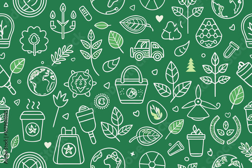Vibrant green pattern showcasing eco-friendly concepts like plants, earth, recycling, and sustainable transport, perfect for environmental awareness campaigns and green living themes.