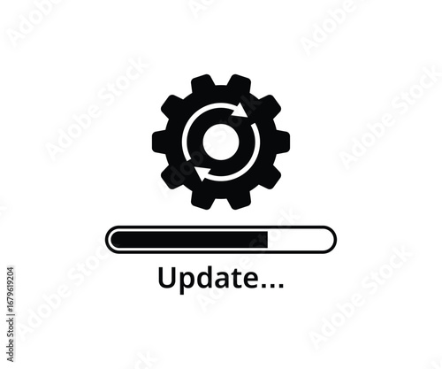 Update progress bar loading icon. Gear settings and software installation symbols. System update, operating system upgrade, digital download process vector illustration