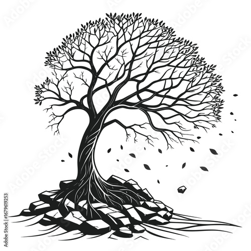 Tree roots spiraling into shattered stone silhouette