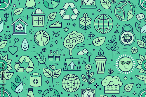 Embrace eco-friendly living with this seamless pattern showcasing sustainability icons like recycling, plants, and globes, perfect for projects promoting environmental awareness and green initiatives