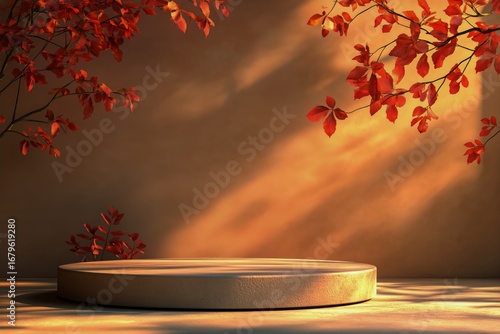 Warm Autumn Setting With Circular Stage and Red Leaves Illuminated by Soft Li...