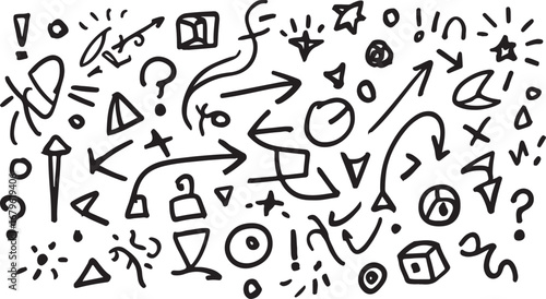 Black and White Doodle Pattern with Arrows Stars and Question Marks on a White Background