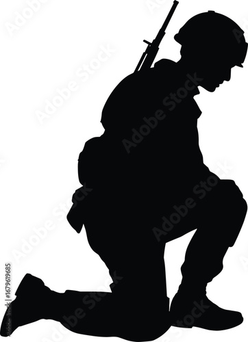 Silhouette of kneeling soldier with rifle and helmet vector illustration military warrior armed combat soldier protection defense