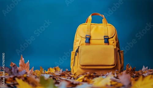 Bright Yellow Backpack Surrounded by Colorful Autumn Leaves on a Blue Backgro...