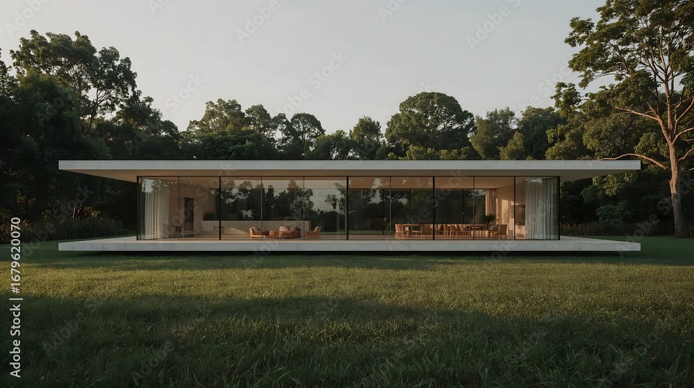 Obraz premium Ultra-realistic architectural photography of a modern minimalist house, villa, clean lines, large glass windows, surrounded by nature, cinematic lighting, perfect white balance