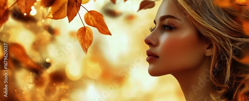 Woman in Profile Surrounded by Autumn Leaves in a Warm and Inviting Setting