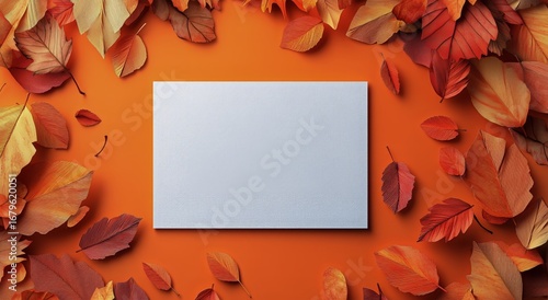 Colorful Autumn Leaves Surround a Blank Canvas on a Vibrant Orange Background