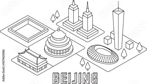 Isometric Beijing Cityscape Outline Illustration Featuring Iconic Landmarks and Architecture