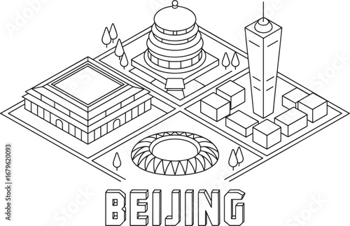 Isometric Beijing China Skyline Vector Illustration with Famous Landmarks and City Name