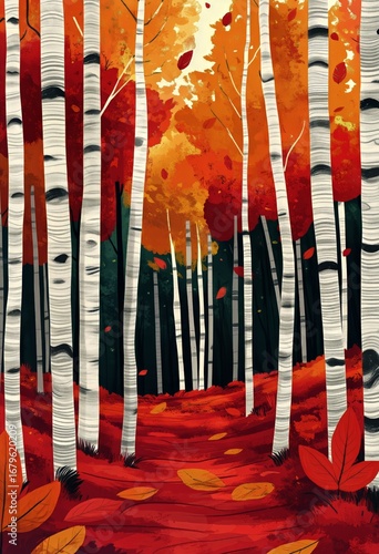 Autumn Foliage Displays Vibrant Colors Among Birch Trees in a Serene Forest S...
