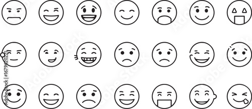 Diverse Set of Simple Line Art Emoticons Expressing Varied Emotions for Digital Communication and Design Projects