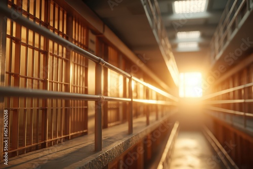 Wallpaper Mural Warm light at the end of a long prison hallway lined with metal cell bars Torontodigital.ca