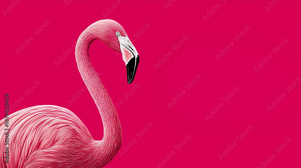 Fototapeta premium Pink flamingo on a vibrant magenta background with copy space.