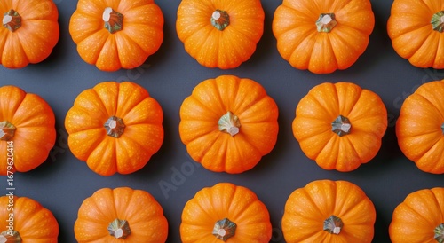 Colorful Display of Pumpkins Arranged in Rows for Autumn Decoration and Harve...