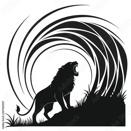 Lion roaring inside spiral cave silhouette