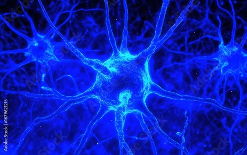 Microscopic Neuron Network Glowing Blue Detailed Illustration