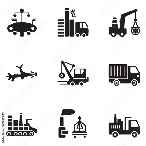 Set of Icon of industrial services and transportation means. Vector black silhouette. with white background