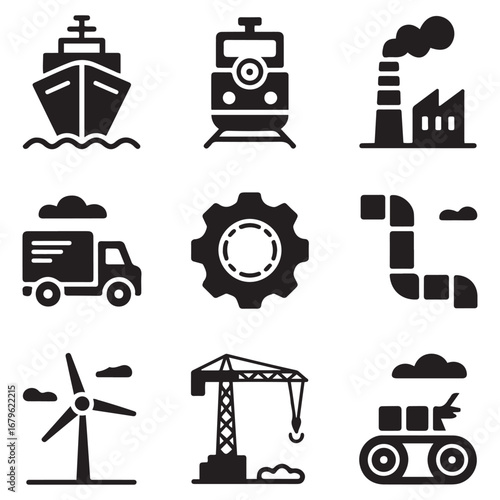 Set of Icon of industrial services and transportation means. Vector black silhouette. with white background