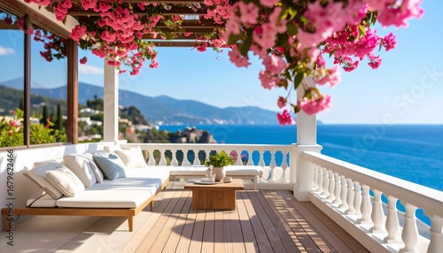 Elegant balcony with sea view and flowers, luxury lifestyle in a sunny day