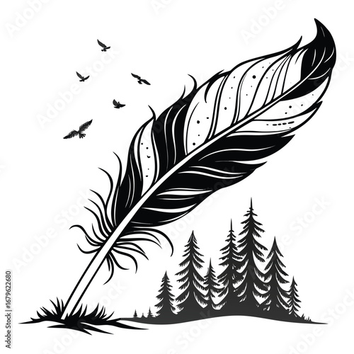 Phoenix feather glowing in shattered forest silhouette