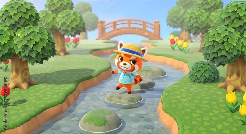 Adorable red panda character enjoys a sunny day walking across stepping stones in a lush green park