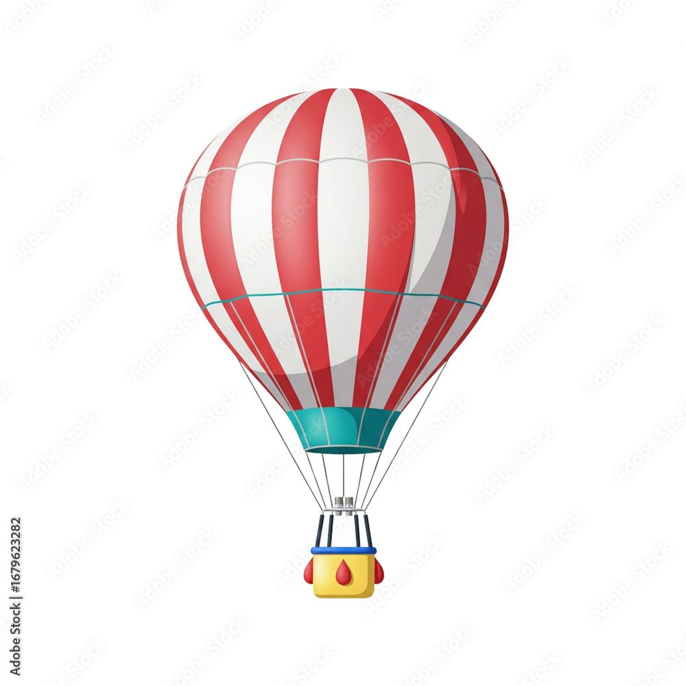 Obraz premium An elegant red-and-white striped balloon floats on a white background with a yellow basket, on a transparent background, png.