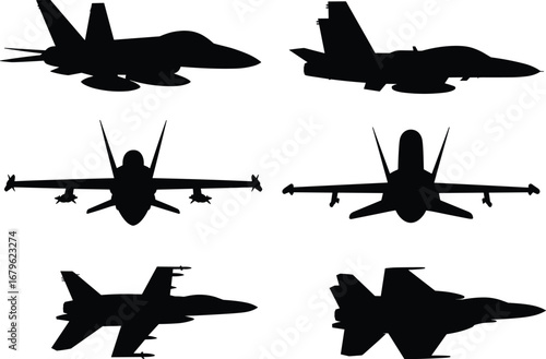 Set of military fighter jet silhouettes in various angles, modern combat aircraft vector icons for aviation, air force, defense design