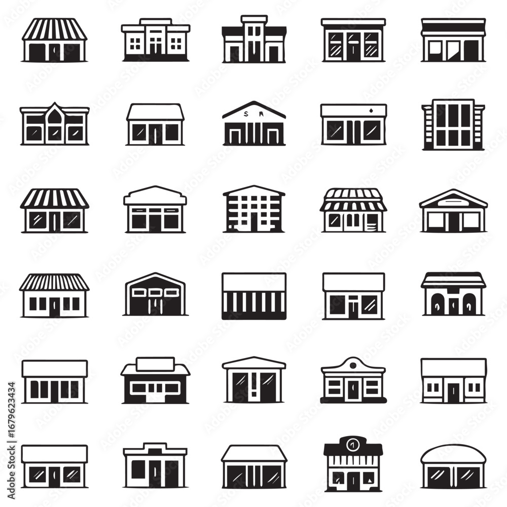 Collection of diverse commercial building facades representing various businesses and retail stores in a stylized graphic design Collection of diverse commercial building facades representing various businesses and retail stores in a stylized graphic design