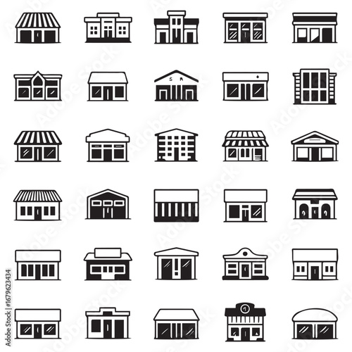 Collection of diverse commercial building facades representing various businesses and retail stores in a stylized graphic design