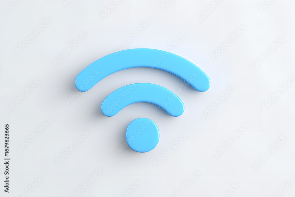 Fototapeta premium 3D rendered Wi-Fi icon in soft blue on white background. Minimal wireless internet signal symbol for modern apps, UI/UX, connectivity, digital technology and global network.