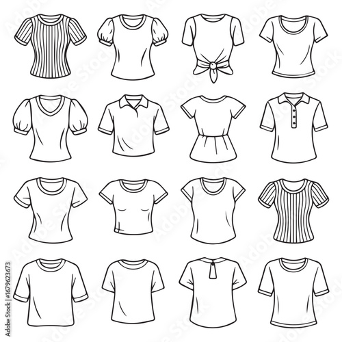 Collection of diverse hand drawn sketches of women s short sleeved tops and blouses showcasing various styles and necklines