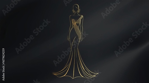 Shimmering Gold Fashion Illustration of a Woman in a Couture Gown