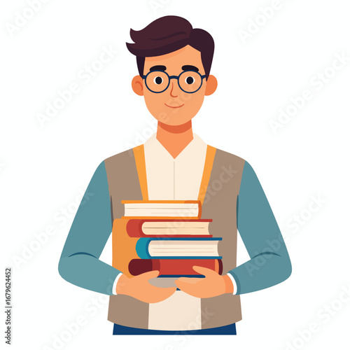 Smiling young man carefully holding a stack of books.