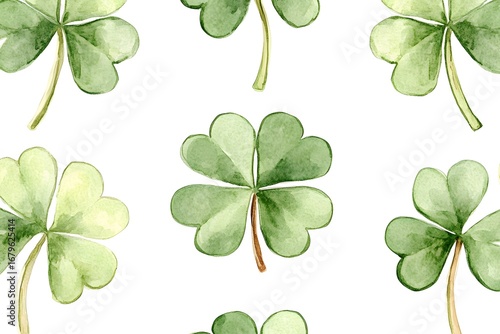 Watercolor Green Clover Leaf Pattern Seamless Repeat