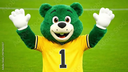 A green bear mascot wearing a yellow jersey with the number one, waving with white gloves on a green field.