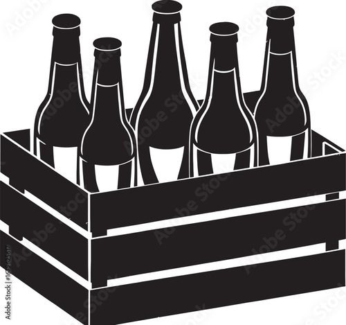 A wooden crate filled with five bottles of dark liquid, likely beer or soda, presented in a stark black and white illustration