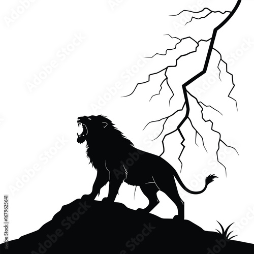 Lion roaring at neon storm silhouette