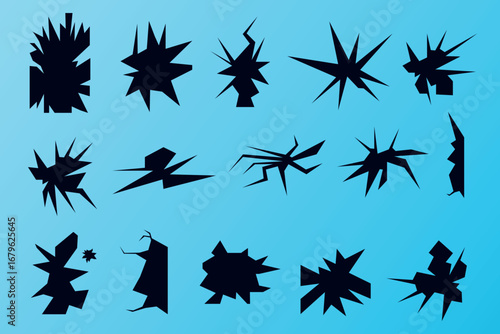 Broken glass cracks. Shatter window cartoon effect, break crash smashed screen windshield glass windscreen pane hole in shattered mirror earthquake crack set vector illustration