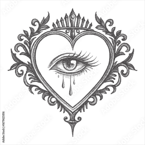 Vintage tattoo style illustration of crying eye inside ornate heart frame with photocopy texture and halftone grunge effect, retro engraving line art design for gothic artwork