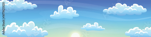 Cartoon sky background. Clouds heavens anime panoramic landscape, 2d video game scenery blue cloudy sky vector illustration